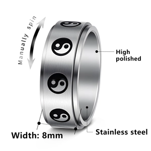 8mm stainless steel spinner ring with Yin Yang pattern and high polished edges