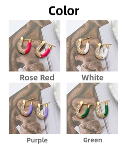U-shaped gold pave earrings in rose red, white, purple and green enamel finishes