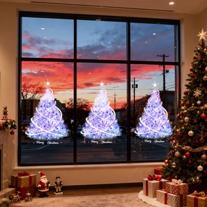 Purple Christmas Tree Static Window Stickers PVC Double Sided Decals For Festive Holiday Party Home Decoration