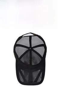 Close-up of breathable mesh baseball cap with six-panel structure and metal buckle