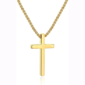 Detailed view of a minimalist golden stainless steel cross pendant with matching chain