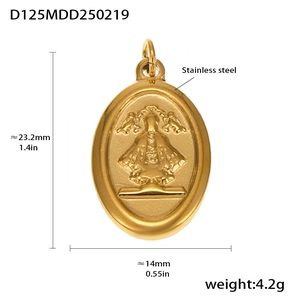 Detailed dimensions of 18k gold plated stainless steel oval religious pendant with weight