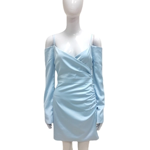 Elegant light blue satin off-shoulder mini dress with waist ruching and thin straps
