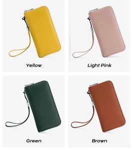 Detailed grid view showing genuine leather wallets in yellow, pink, green, and brown colors