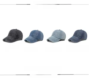 Flat lay of vintage washed denim baseball caps in black, blue, and light blue shades