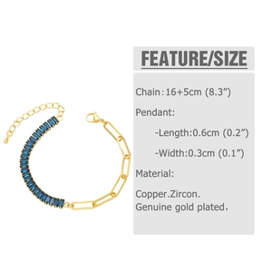 Detail of gold plated copper chain bracelet with rectangle blue zircon and sizing info