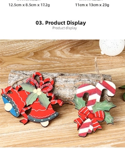 Detailed view of creative wooden Christmas bell and candy cane pendants for tree decoration