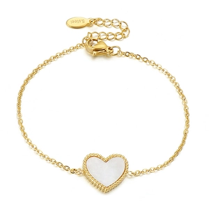 Goldenes Herz-Armband aus Edelstahl mit weißem Perlmutt-Inlay und Karabinerverschluss