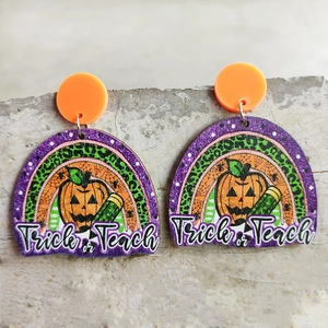 Halloween Ohrringe Trick or Teach mit Kürbis und Regenbogen für Lehrer Geschenke