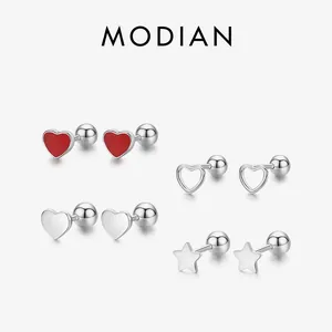 925 Sterling Silver Stud Earrings Heart Star Shape Screw Ball Back Red Enamel Minimalist Jewelry For Women