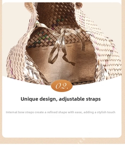 Detail of hand-woven metallic champagne tote bag featuring adjustable drawstring straps