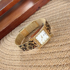 Women Quartz Watch Leopard Print Square Case Fashion Stainless Steel Mesh Strap Waterproof Trendy Wristwatch