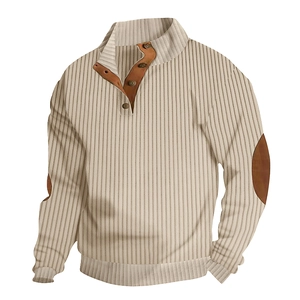 Polo en maille côtelée beige pour homme avec manches longues et patchs aux coudes bruns