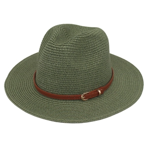 Detail of army green straw Panama hat featuring weave texture and brown faux leather belt buckle