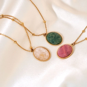 14K gold plated stainless steel necklace set with faceted natural stone oval pendants