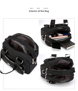 Detail view of the multi-compartment interior and functional storage for nylon handbag