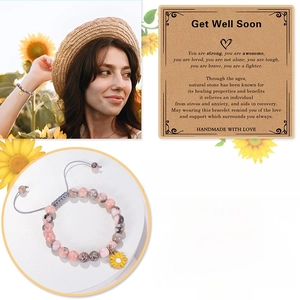 Pink and grey natural stone sunflower bracelet with an adjustable cord and a gift message card