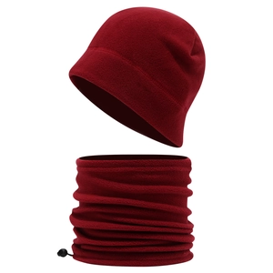 Deep red winter fleece hat and neck warmer set with adjustable drawstring for outdoor warmth