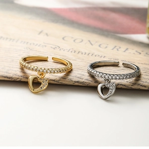Elegant gold and silver open rings with zircon heart charms and pave settings