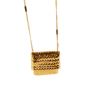 Luxury gold mini woven bag necklace with fine metal chain for elegant sweater styling