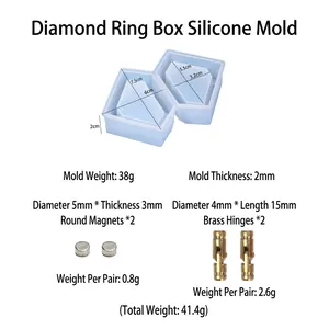 Silicone DIY mold set for diamond ring jewelry box with magnets and brass hinges