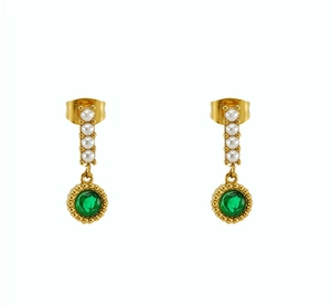 Detailed shot of vintage gold earrings with vertical pearls and round green gemstones