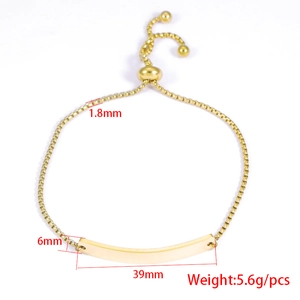 Gold adjustable bar bracelet with curved ID plate and 1.8mm thin box chain in mirror finish