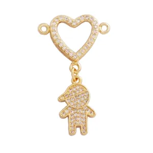Detail of micro-pave zircon boy and girl love heart pendant with 35mm x 21mm dimensions