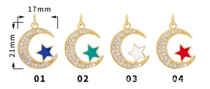Detail of 18K gold crescent moon pendants with colorful zircon stars in four styles
