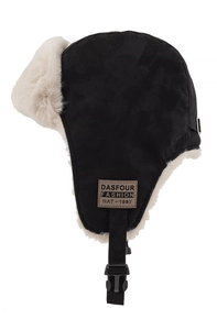 Detail of winter trapper hat with black suede shell, plush white lining and buckle strap