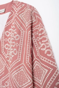 Detail of pink embroidered cardigan showing intricate white geometric patterns and woven texture