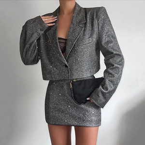Blazer Et Minijupe À Paillettes Pour Femme Revers Manches Longues Scintillant Sexy Party Club