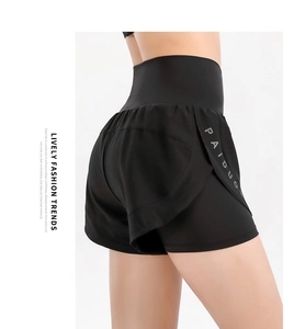 Detail view of double-layer high-waist black sports shorts with secure anti-exposure design