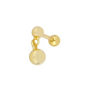 Detailed view of a gold spherical stud earring with screw back and hanging ball pendant
