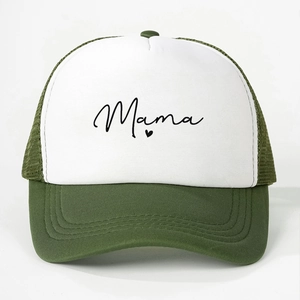 White and olive green mesh trucker hat with black Mama script and heart print