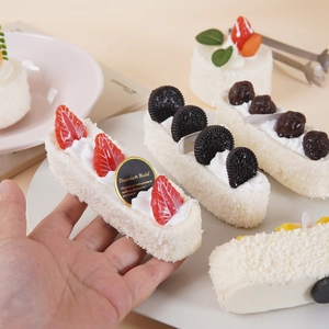Realistic artificial PU foam cream cake models featuring strawberries and chocolate decor