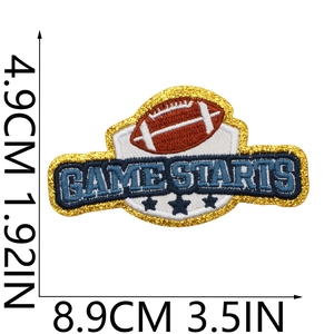 Detailed dimension view of American football embroidery patch with game starts text