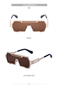 Detailed front and 45-degree side view of futuristic gold geometric sunglasses with brown lenses