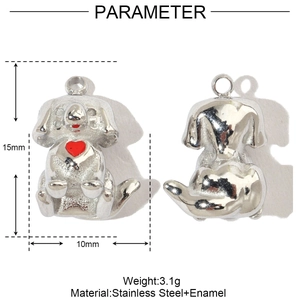 Detailed view of silver puppy pendant with dimensions and stainless steel material info
