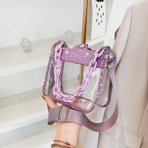 Trendy purple transparent PVC handbag with rhinestone trim and chunky plastic chain