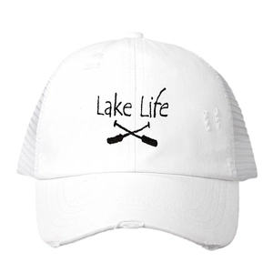 White Lake Life mesh baseball cap with embroidery, paddle design and distressed finish