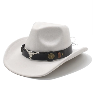 Close-up of white suede cowboy hat with black leather band and bull head ornament