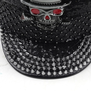 Punk black captain hat with sequins, silver studs and a skull for Halloween cosplay