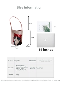 Detailed dimension guide showing the bucket bag height, width and handle length specs