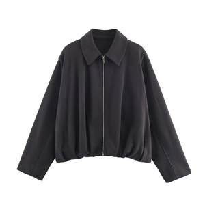 Detail of a black long-sleeve bomber jacket featuring a lapel collar and zip closure