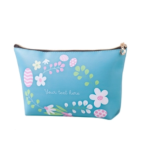 Custom blue floral cosmetic bag with Easter egg print and golden zipper for travel