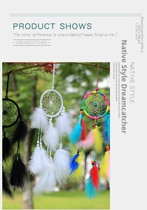 Close-up of handmade dreamcatcher with colorful feathers and beads hanging on a tree branch