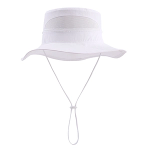 Detail of white mesh sun hat featuring breathable fabric and adjustable chin strap cord