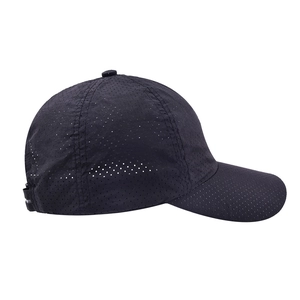 Detail of black quick-dry mesh baseball cap with laser-cut ventilation holes for sports