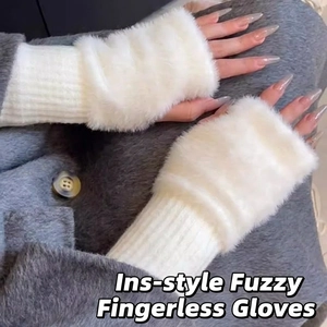 Winter faux mink fur fingerless gloves for women with cozy white knitted ribbing texture